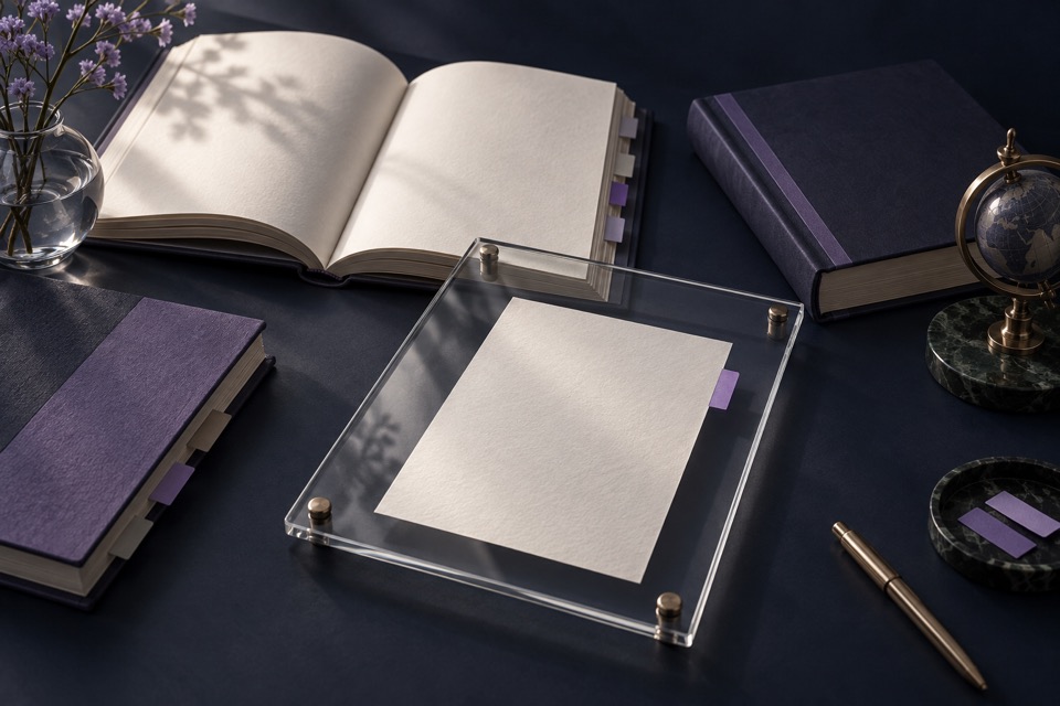 Conceptual collection of manuals with violet page tabs and a blank source page highlighted beneath glass.
