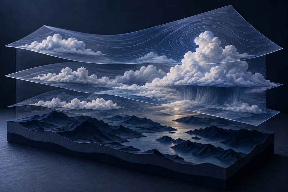 Conceptual layers of white clouds above a dark landscape, with translucent atmospheric contour sheets.