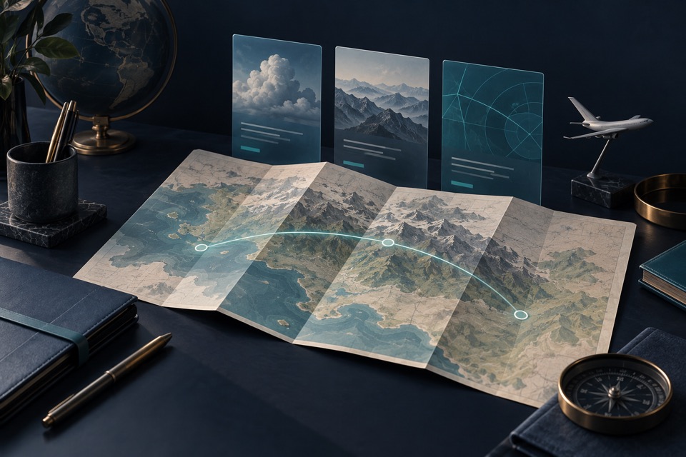 Conceptual flight preparation desk with a folded map, translucent information cards and a teal route arc.